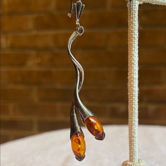 Handmade Sterling Silver and Baltic Amber organic floral hook back drop earrings - Picture 2 of 11